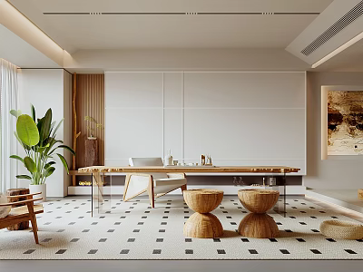 Modern Minimalist Tea Room With Wooden Stools And Green Plants 3d model