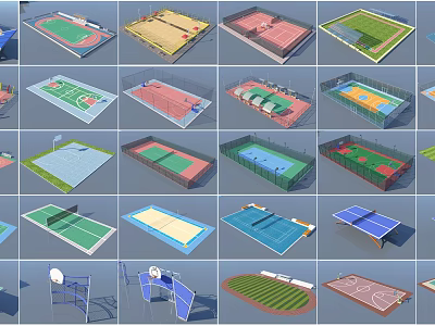 Various Sports Court Designs With Colorful Surfaces For Different Outdoor Games 3d model