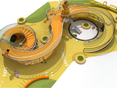 Colorful Children's Playground Equipment With Spiral Path Orange Platforms And Green Lawn 3d model