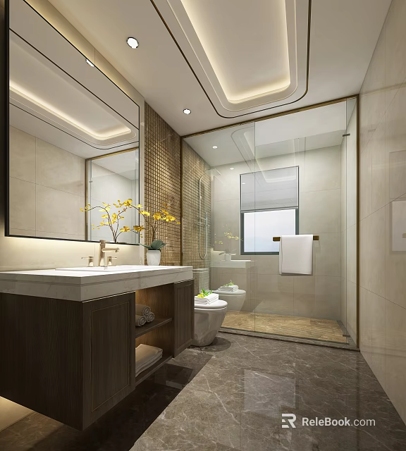 Elegant Modern Bathroom Interior With Marble Vanity Toilet And Glass Shower Area With Warm Lighting 3d model 