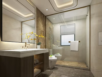 Elegant Modern Bathroom Interior With Marble Vanity Toilet And Glass Shower Area With Warm Lighting 3d model