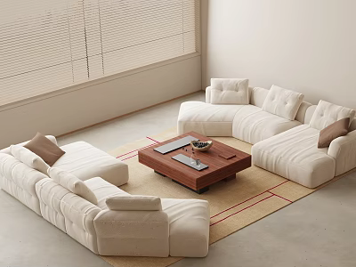 Modern Minimalist Living Room Sofa And Coffee Table Set With White Upholstery And Wooden Top 3d model