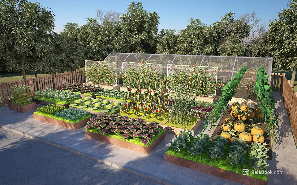 Garden Landscape With Raised Planting Beds Vegetables Greenhouse And Surrounding Trees 3d model 