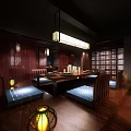Traditional Japanese Restaurant With Tatami Seating Wooden Decor Lanterns And Sliding Lattice Windows
