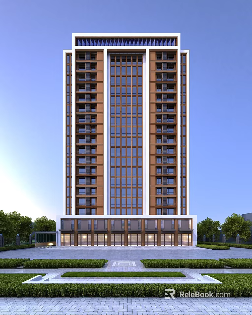 Modern High Rise Residential Building with Glass Curtain Walls Balconies and Surrounding Greenery 3d model 