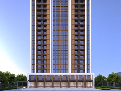 Modern High Rise Residential Building with Glass Curtain Walls Balconies and Surrounding Greenery 3d model