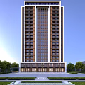 Modern High Rise Residential Building with Glass Curtain Walls Balconies and Surrounding Greenery