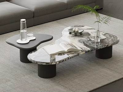 Minimalist Irregular Marble Coffee Table With Open Book Green Plant And Side Table 3d model