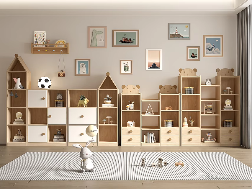 House Shaped Children's Bookcases In Kids Room With Toys And Wall Art Decor 3d model 