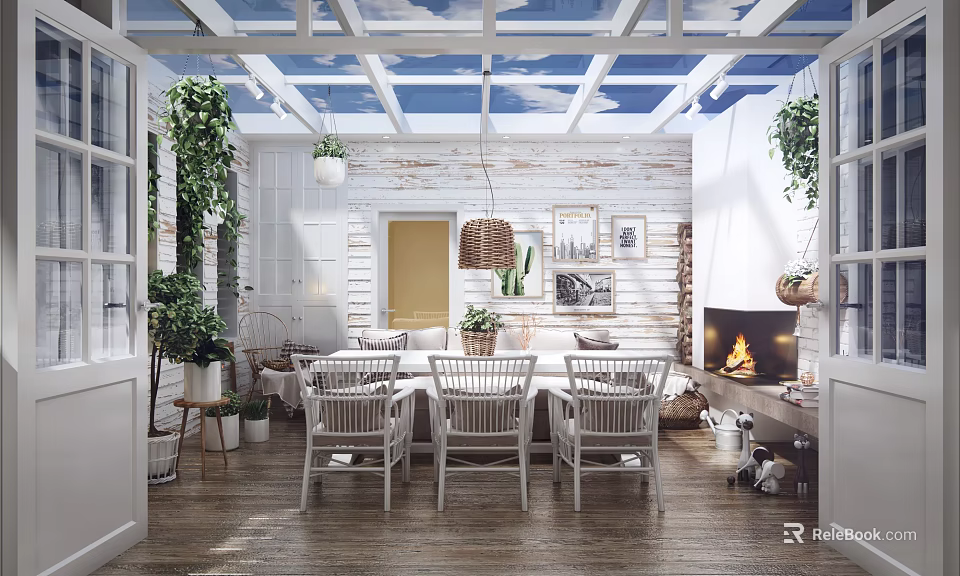 Bright Villa Balcony with Green Plants Wooden Furniture and Glass Ceiling Decor 3d model 