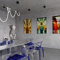 Modern Interior Space Featuring Transparent Chairs Blue Bases White Table Collectible Figures And Pendant Lights