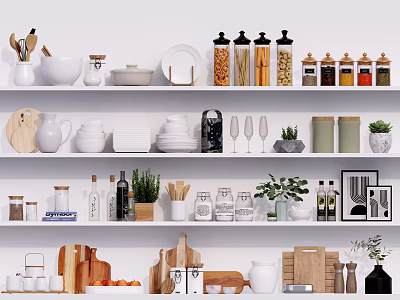 Modern Tableware Set With Organized Kitchen Shelves Bowls Plates Glasses Jars Wooden Utensils And Plants 3d model