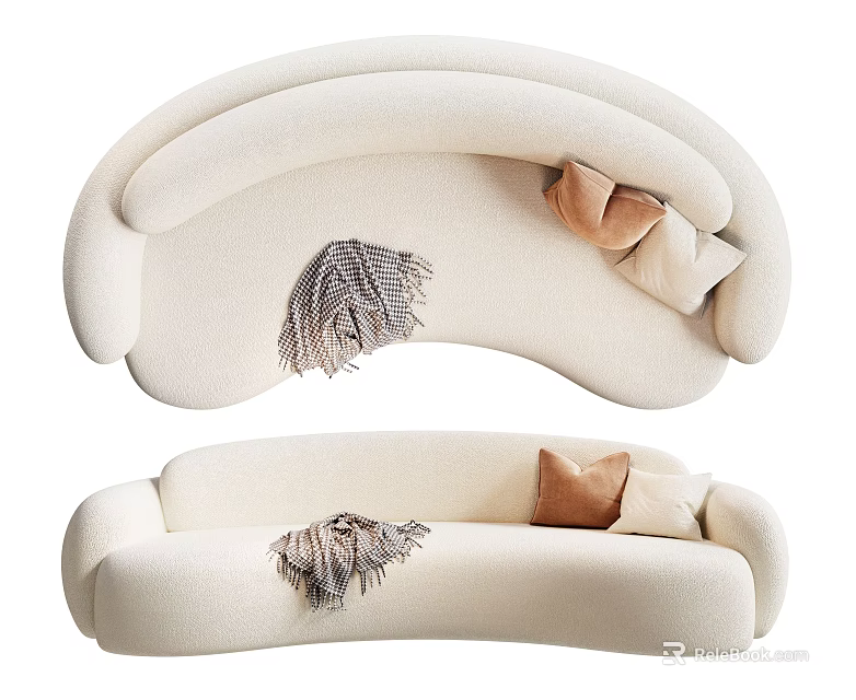 Curved Cream Colored Sofa With Decorative Throw Blanket And Accent Pillows 3d model 