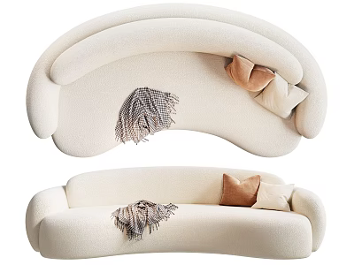 Curved Cream Colored Sofa With Decorative Throw Blanket And Accent Pillows 3d model