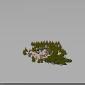Enchanting Forest Campsite With Wooden Huts Rocks And Lush Green Trees