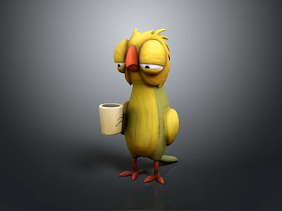 3D Cartoon Yellow Bird Character Holding White Cup With Sleepy Expression 3d model