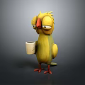 3D Cartoon Yellow Bird Character Holding White Cup With Sleepy Expression 3d model