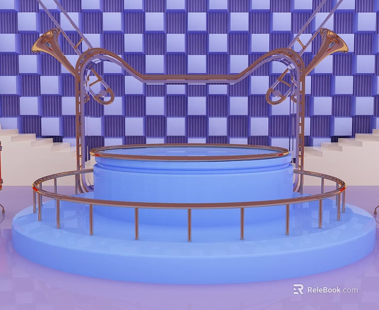 Stylish Hinged Door with Copper Railings and Blue Circular Stage Design 3d model 