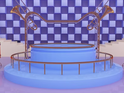 Stylish Hinged Door with Copper Railings and Blue Circular Stage Design 3d model