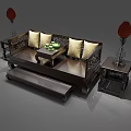 Chinese Style Wooden Daybed with Carved Details Side Table Tea Set and Red Lamps