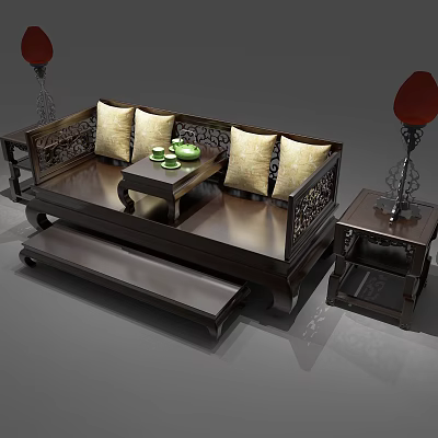 Chinese Style Wooden Daybed with Carved Details Side Table Tea Set and Red Lamps 3d model