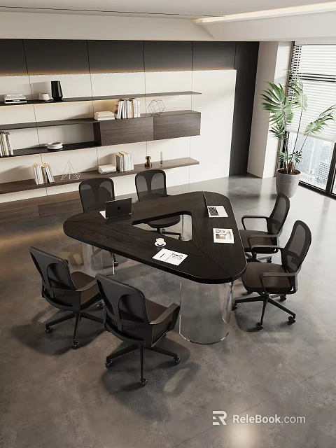 Modern Conference Room Interior With Dark Table Transparent Legs Black Office Chairs Bookshelf Green Plant 3d model 