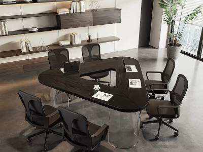 Modern Conference Room Interior With Dark Table Transparent Legs Black Office Chairs Bookshelf Green Plant 3d model