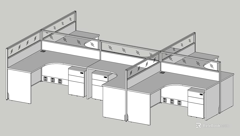 Modern Office Desk Cubicle Design With Multiple Workstations And Storage Cabinets 3d model