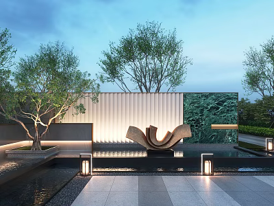Modern Feature Wall Design With Water Feature Green Plants And Sculpture Lighting 3d model