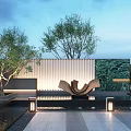 Modern Feature Wall Design With Water Feature Green Plants And Sculpture Lighting