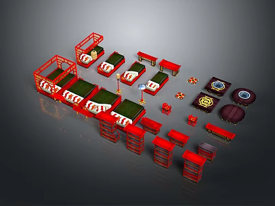 Traditional Double Bed With Red Frame Green Mattress And Matching Furniture 3d model