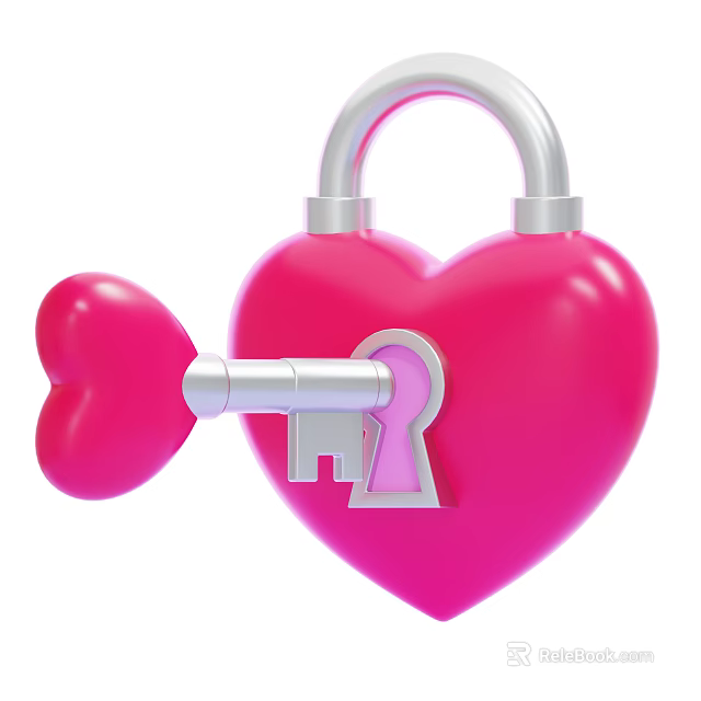 Pink Heart Shaped Padlock Decorative Ornament Set with Heart Key Inserted Design 3d model 