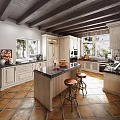 Traditional Kitchen Interior With Beamed Ceiling Wooden Cabinets And Island Counter