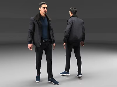 Man Wearing Black Jacket Blue Top Black Pants And Blue Shoes Front Back Views 3d model