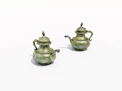 Two Vintage Brass Teapots Featuring Classic Design And Ornate Lids 3d model