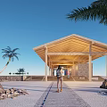 Wooden Pergola Outdoor Scene With Blue Sky Water Surface And Palm Trees Under Sunset Light