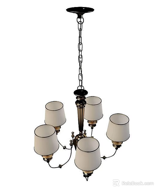 Tech Exhibition Hall Interior Featuring Modern Chandelier With White Lampshades And Metal Chain 3d model 