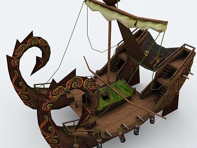 Ornate Wooden Ship With Carved Dragon Prow Sail And Stairs Design 3d model