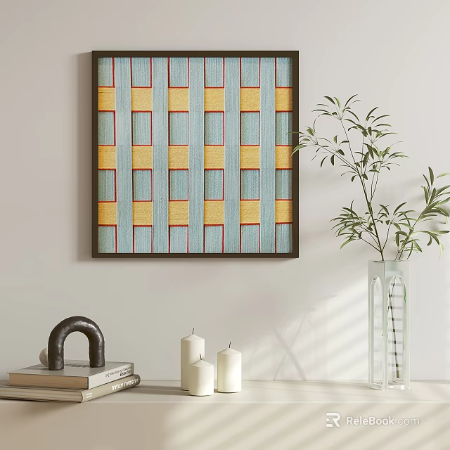 Abstract Painting With Blue Yellow Red Stripes In Grid Pattern Dark Frame On Wall 3d model