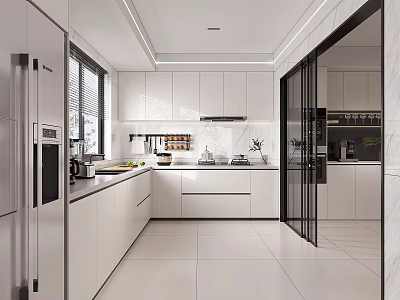 Modern Kitchen Interior Design With White Cabinets Stainless Steel Appliances And Windows 3d model