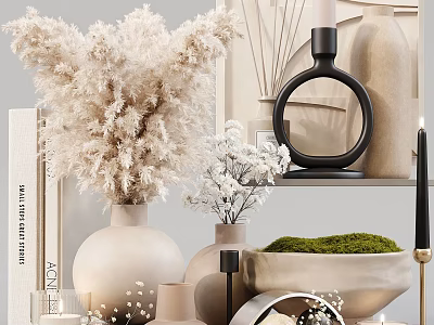 Modern Decorative Ornament Combination with Pampas Grass Ceramic Vases Moss and Candle Holders for Home 3d model