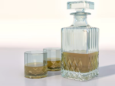 Stylish Transparent Glass Decanter And Two Whiskey Glasses With Amber Liquid On White Background 3d model