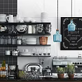 Modern Kitchenware Display on Shelves with Plates Glasses Coffee Maker Kettle Fruits and Herb Plant