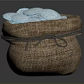 Blue Decorative Coins Filled in Brown Burlap Sack on Dark Background