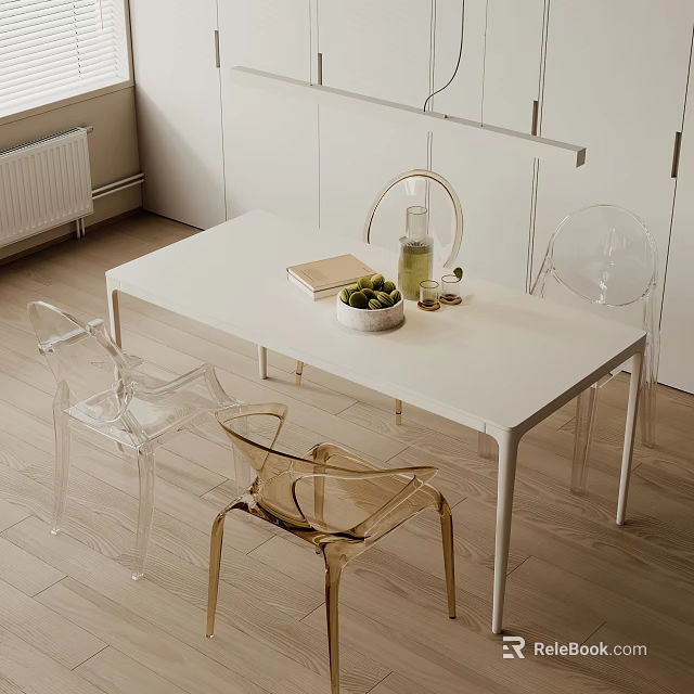 Modern White Dining Table Set With Transparent Chairs Golden Legs And Green Fruit Bowl 3d model 