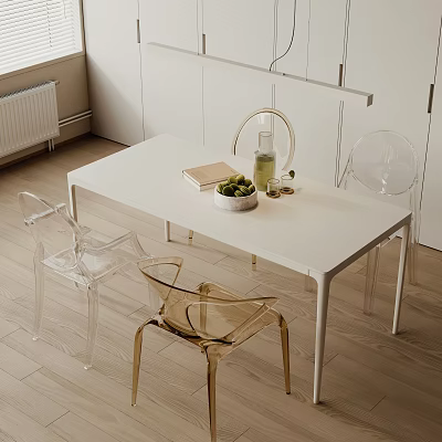 Modern White Dining Table Set With Transparent Chairs Golden Legs And Green Fruit Bowl 3d model