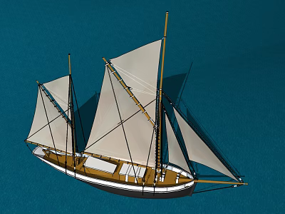 Classic Wooden Sailing Boat With Masts And Sails On Blue Water 3d model