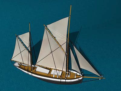Classic Wooden Sailing Boat With Masts And Sails On Blue Water 3d model