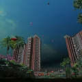 Scenic View of Tall Buildings Blue Sky White Clouds Palm Trees Garden and Pond
