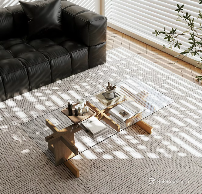 Glass Coffee Table With Wooden Legs On Rug Near Black Leather Sofa And Sunlight Patterns 3d model 